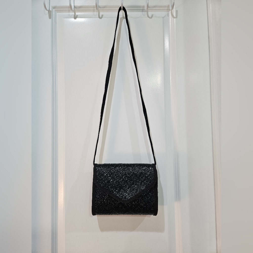 Vintage 70s Italian Woven Bag 1970s Black Clutch Shiny Shoulder Purse
